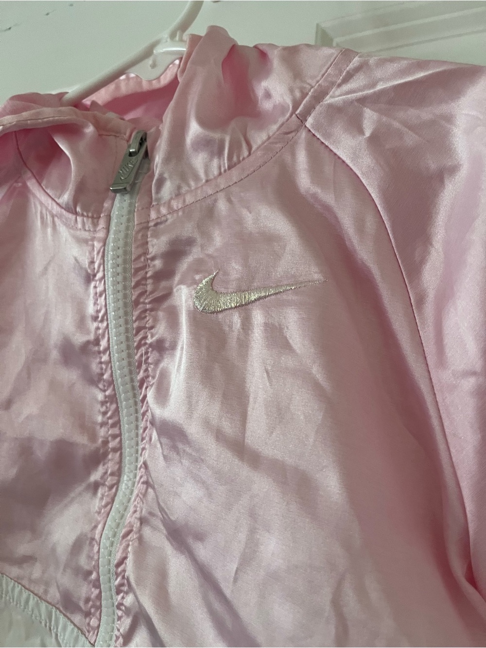 Nike Light Pink Satin Windbreaker with White Swoosh Zipper